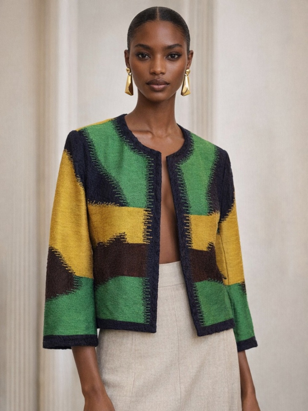 Oscar de la Renta Green, Yellow & Black Patterned Cropped Jacket